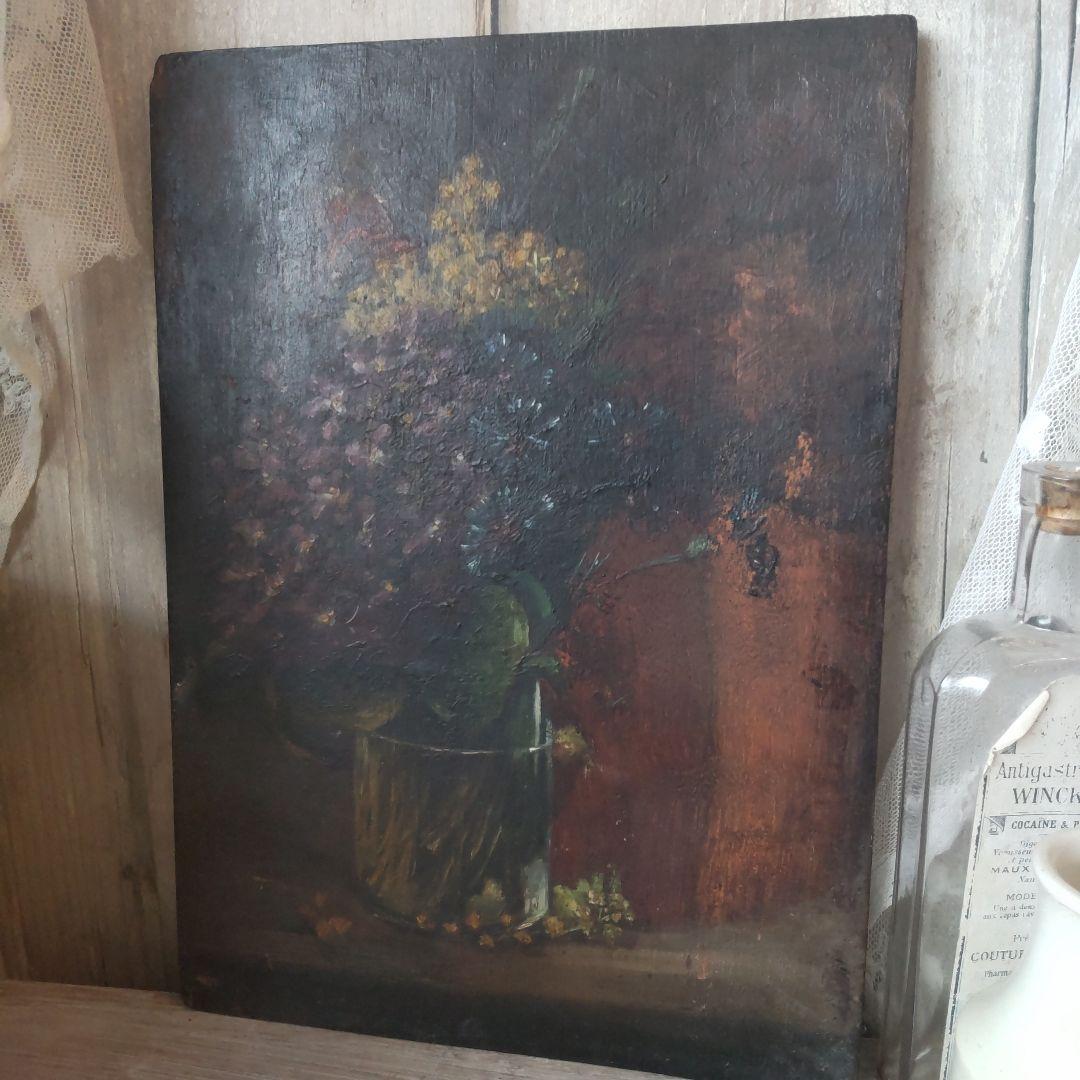フランス　アンティーク　油絵　ミモザ　スミレ　絵画
