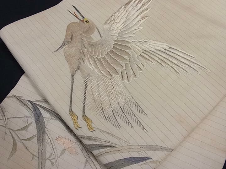 鷺　刺繍QJLLB 特選古美術　正絹夏帯　日本刺繍　アンティーク　九寸名古屋帯