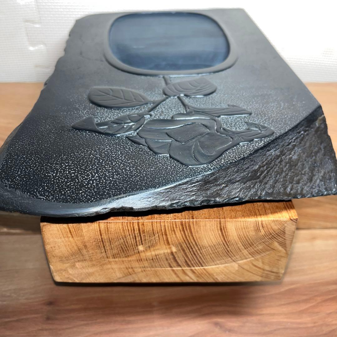 ⭕️雄勝硯　希少　超大型天然硯　伝統工芸士　杉山唐龍斎　椿花葉彫刻　35cm超