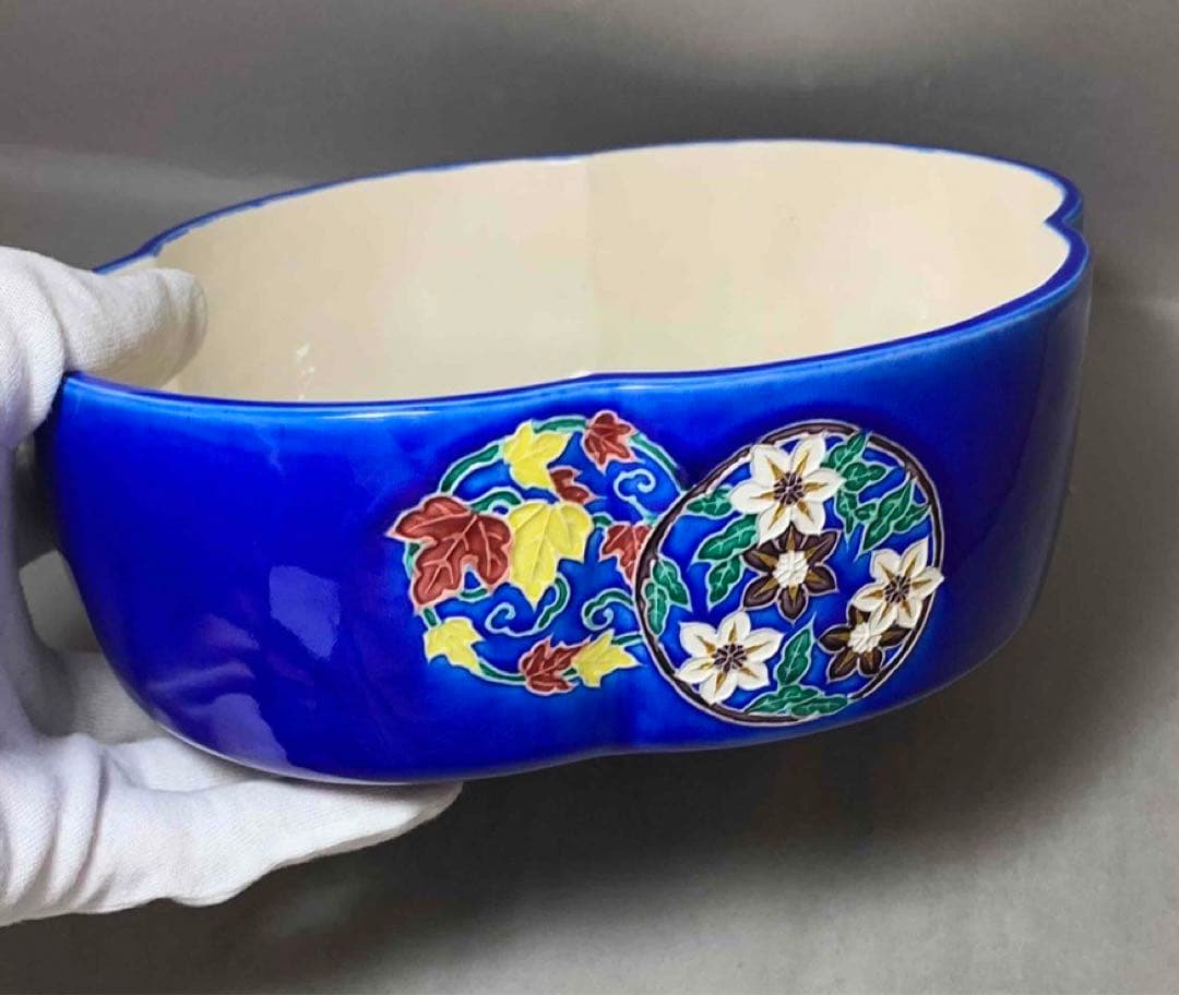 真葛　ルリ交趾　花丸　木瓜形食竜　宮川香斎　而妙斎御書付　茶道具