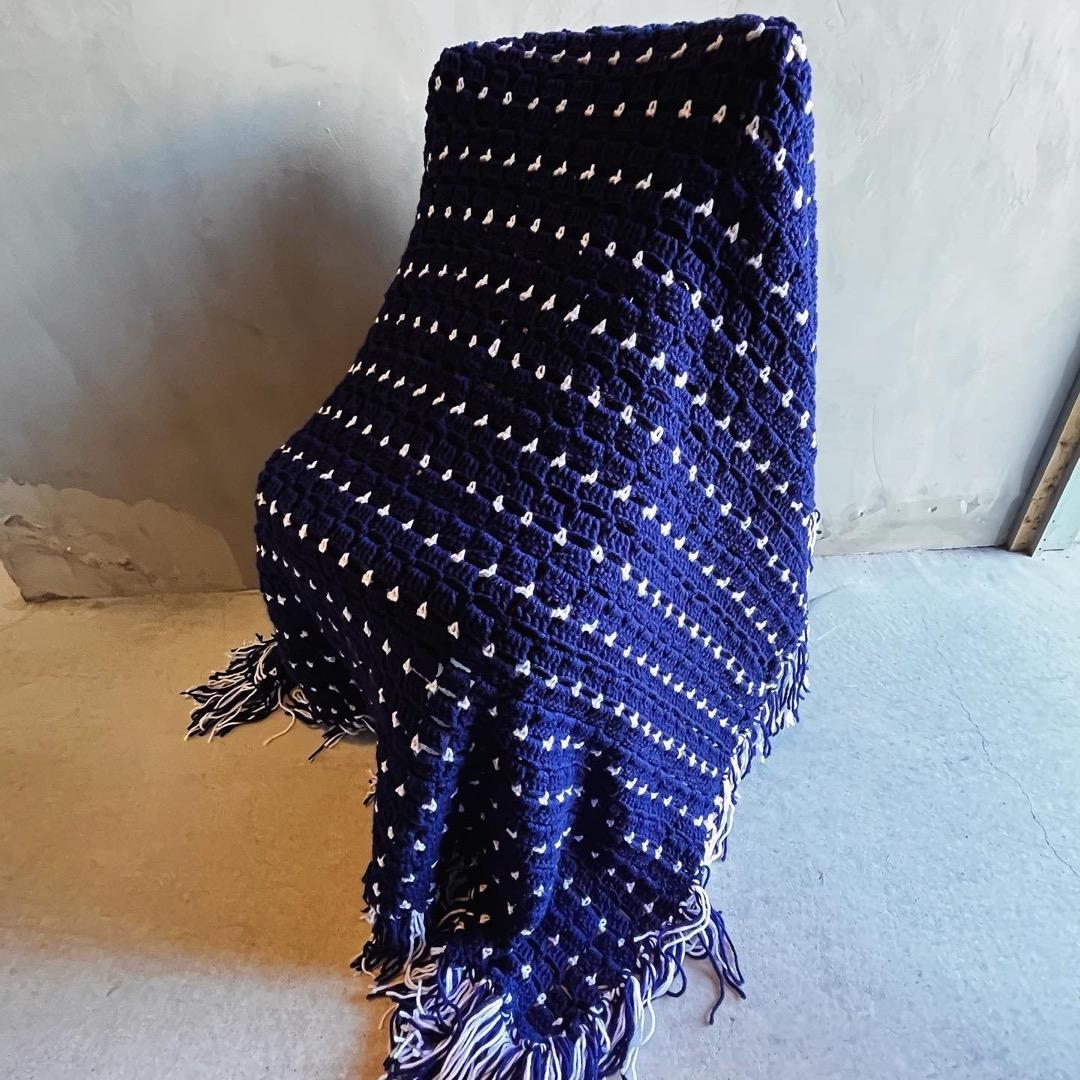 【USA vintage】グラニーブランケット　ネイビー×白