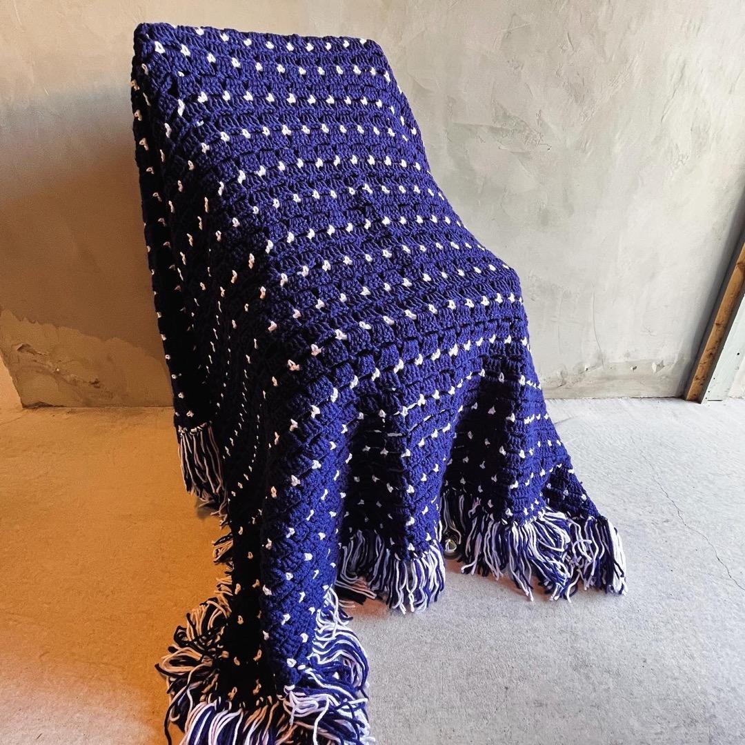 【USA vintage】グラニーブランケット　ネイビー×白