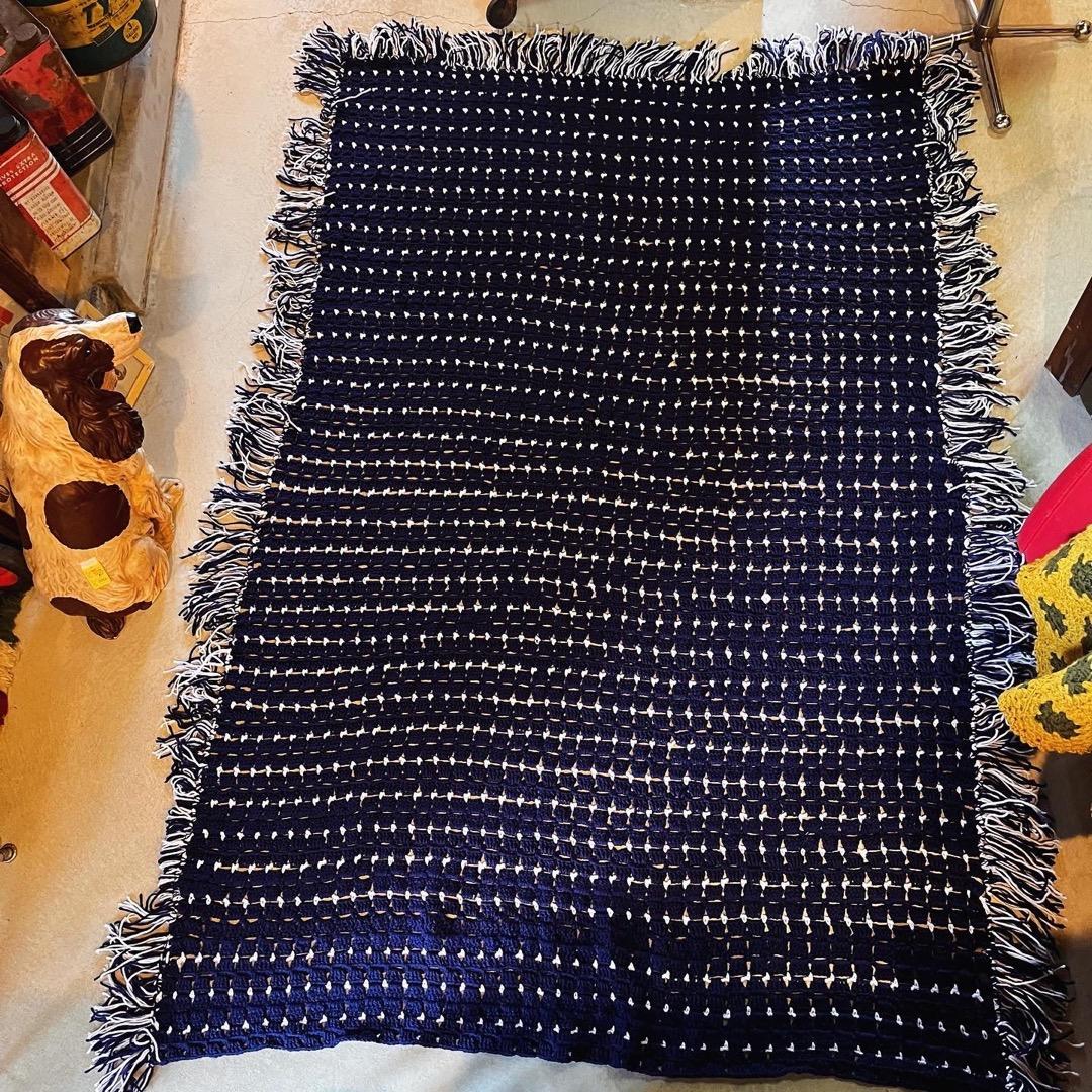 【USA vintage】グラニーブランケット　ネイビー×白