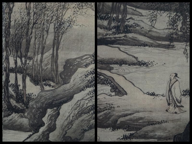 【複製】明 唐寅『歩渓図』絹本掛軸 茶室掛 共箱 故宮博物院監製 山水図 時代物