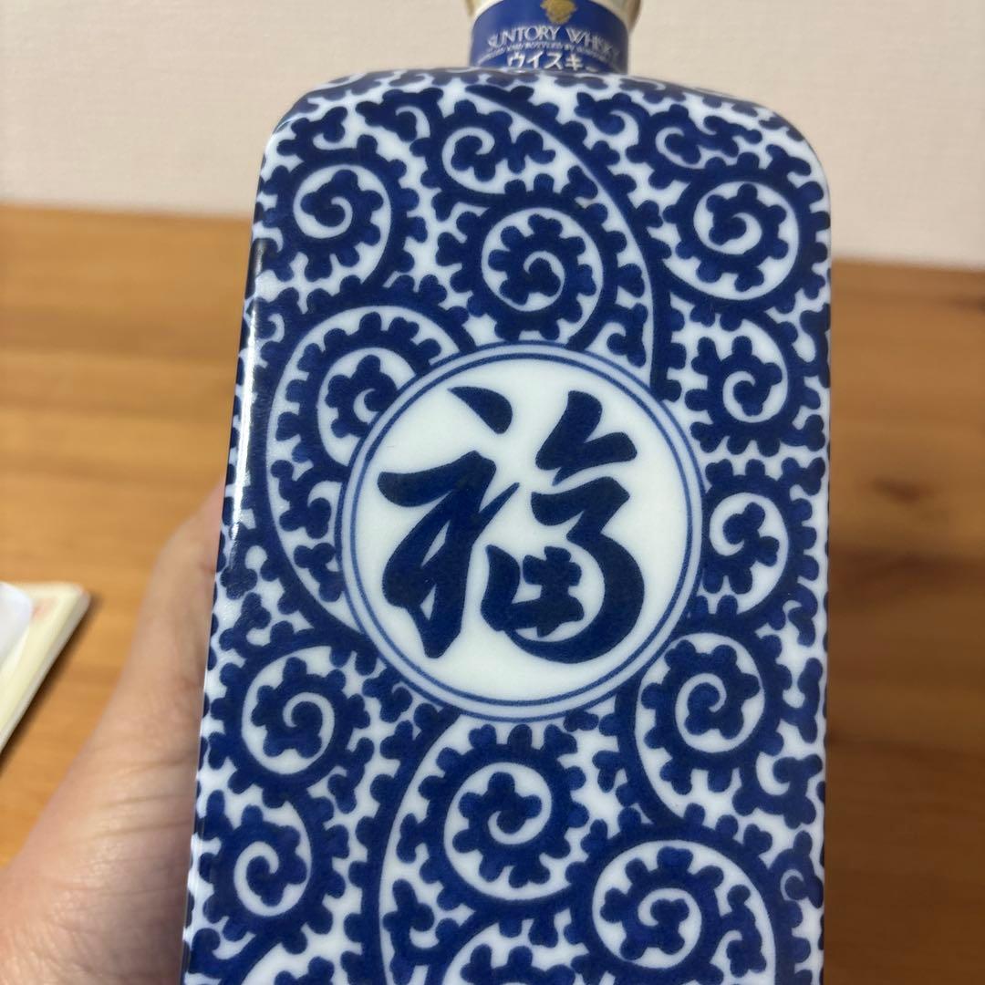 サントリー ウイスキー 山崎12年　染付蛸唐草「福」文角瓶 有田焼 陶器 古酒