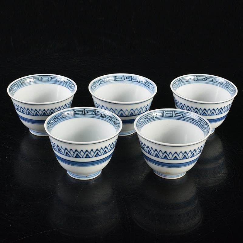 煎茶道具　京焼　清水焼　平安　瑞泉造　青華　煎茶碗　五客　共箱　V　R7223