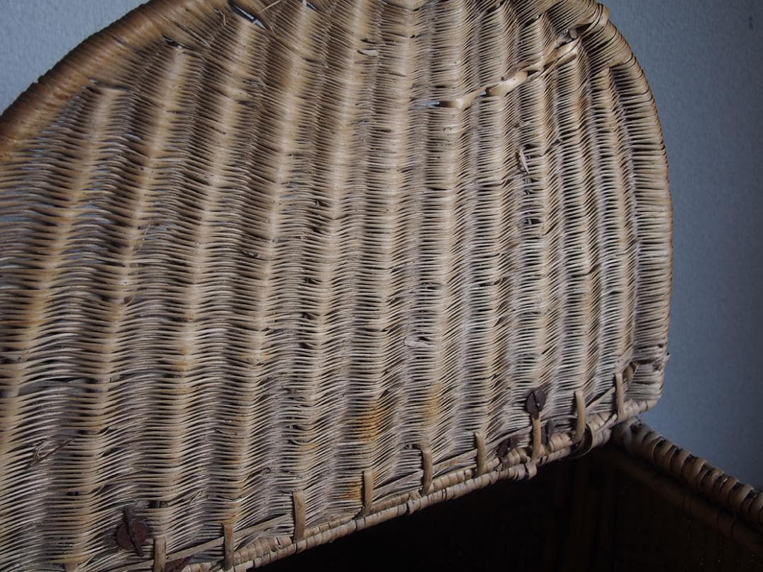 ふた付き 皮ハンドル大きなバスケット 民藝 パニエ かご細工 柳 籐/K351