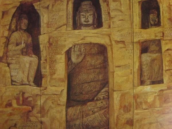 麻田鷹司、雲崗石窟佛、希少画集画、新品額装付、状態良好