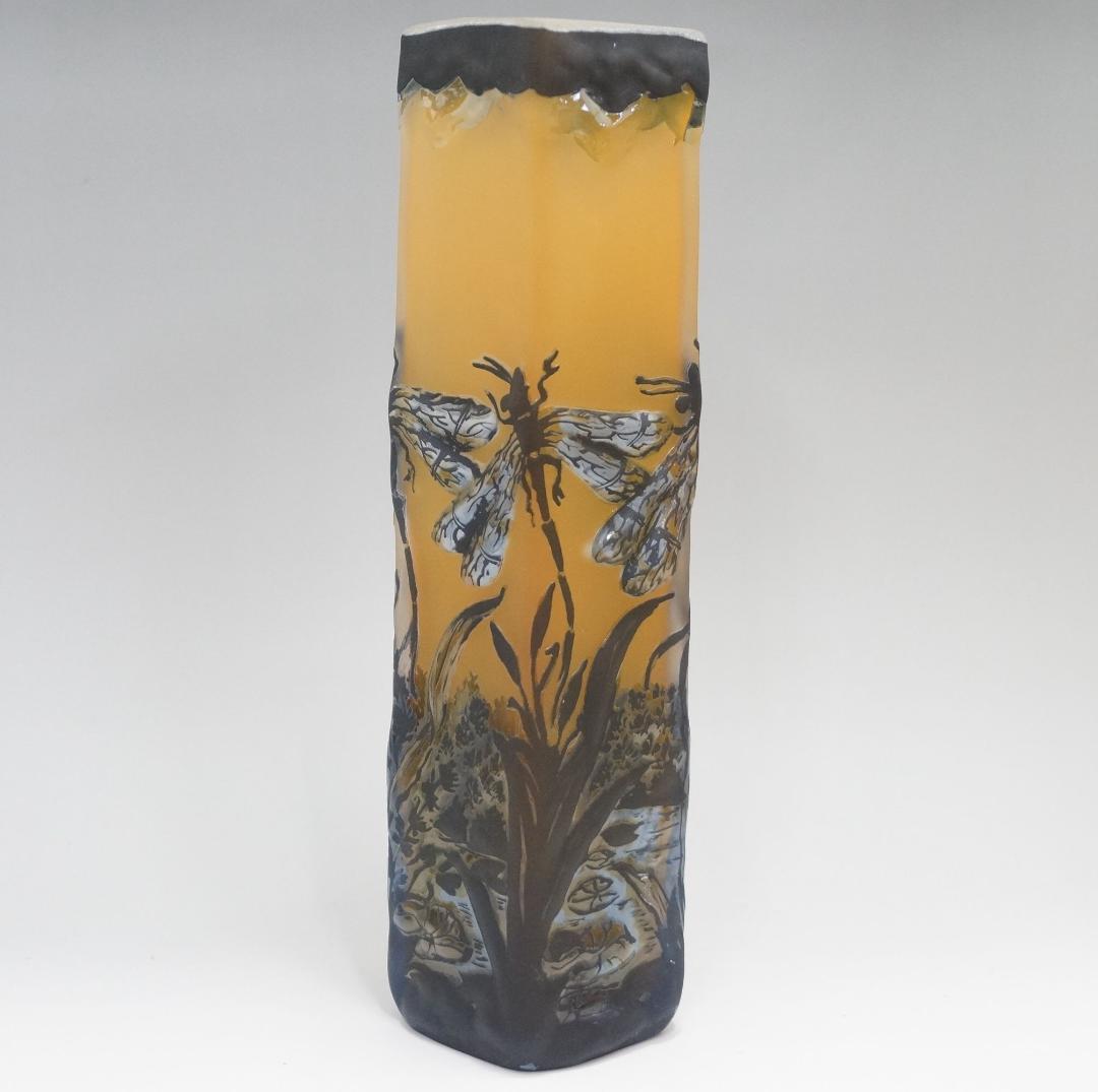 【証明書】 エミール　ガレ　特大　蜻蛉文　花器　花瓶　技法スフレ　被せガラス