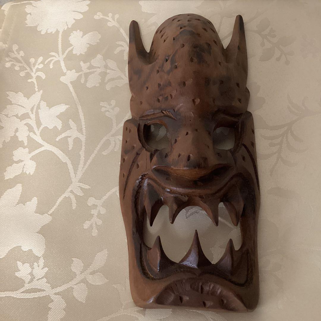 木彫　魔除け面　【壁掛　民藝　木彫巧藝】　インテリア壁掛