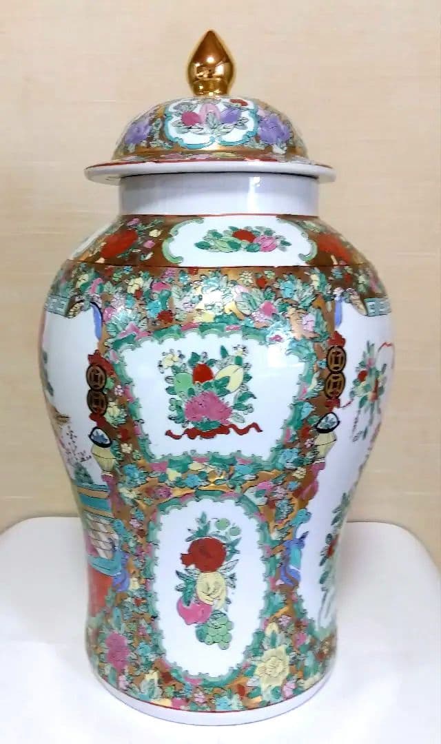 蓋付 飾り壺 宮廷人物図 花鳥図 陶器