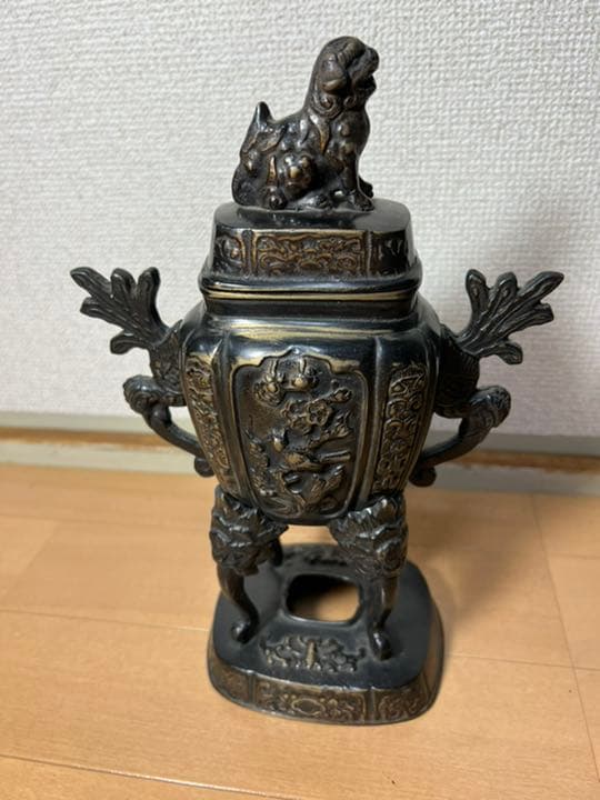 476 銅製　高足獅子香炉　時代物