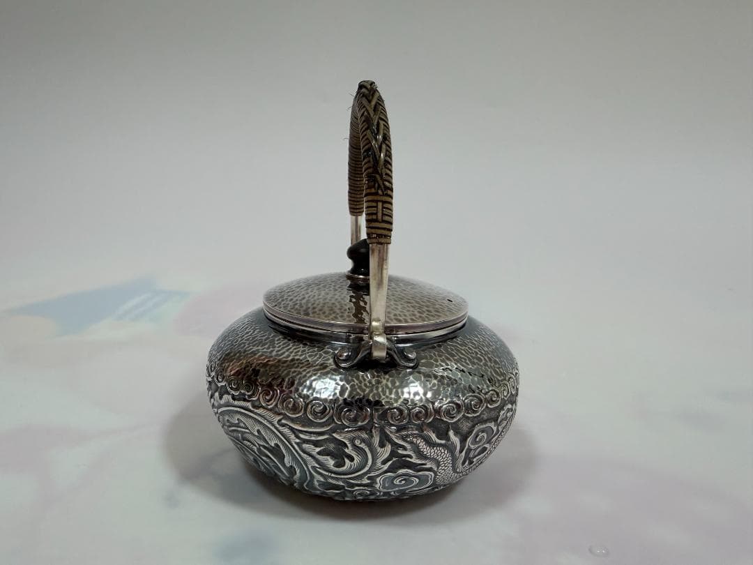 純銀製 龍鳳文 鎚目紋 湯沸 銀瓶 煎茶道具