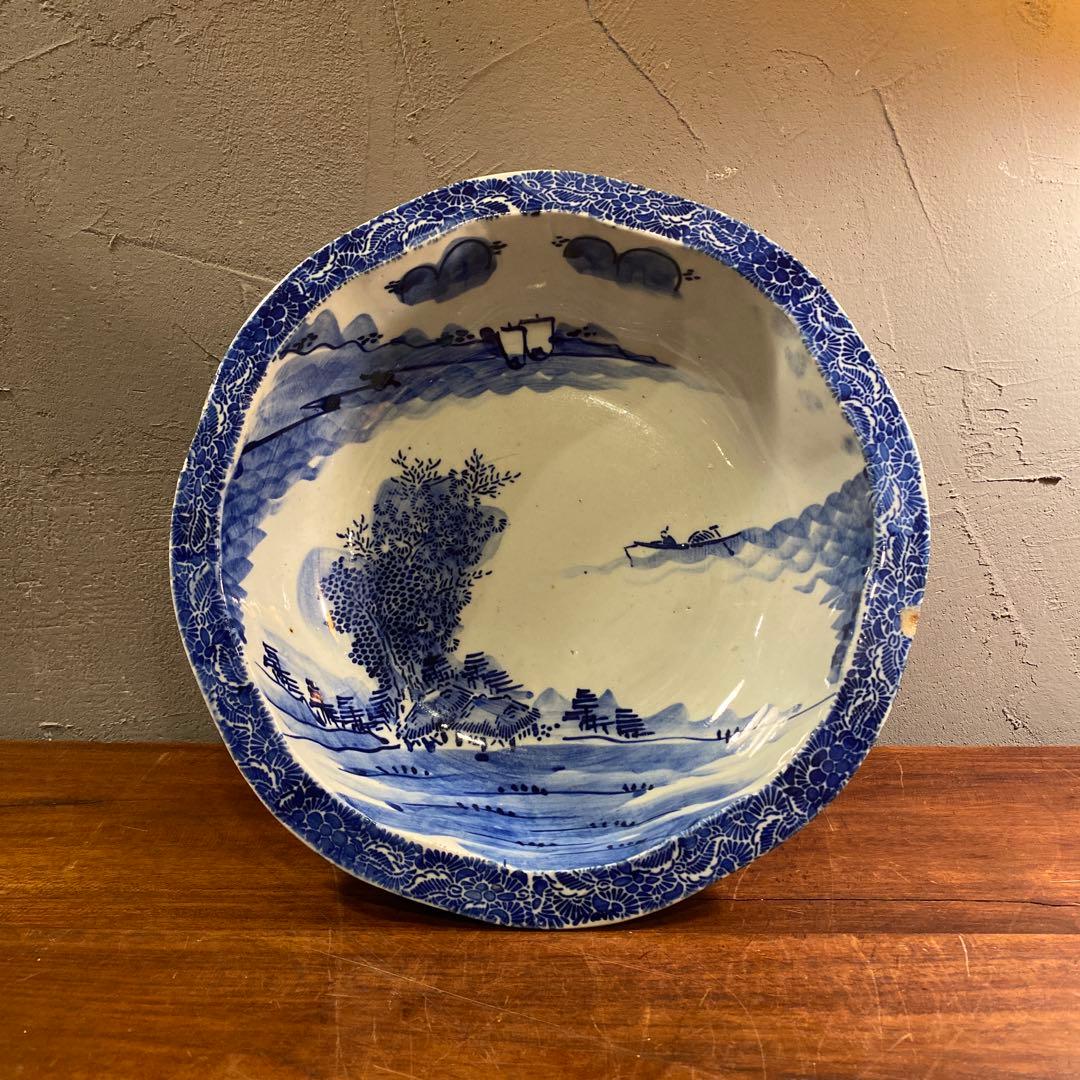 骨董品 大鉢 江戸 明治 蛇目高台 染め付け 印判 皿 時代物 アンティーク