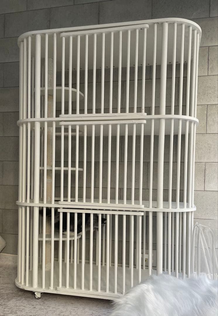 3段キャットケージ大型　白　お洒落　猫　ケージ　木製アンティーク風ペットケージ