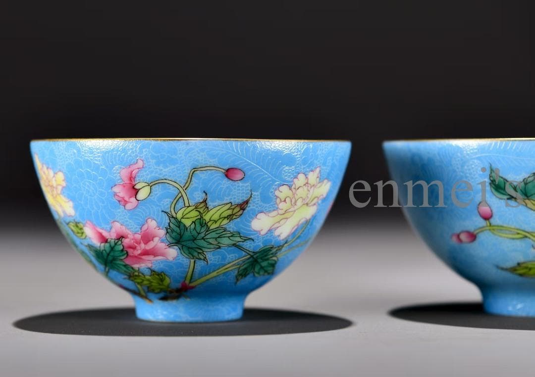 28青色花柄陶磁器茶碗2個セット