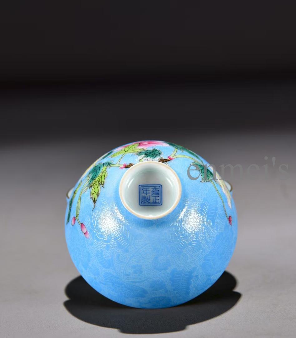 28青色花柄陶磁器茶碗2個セット