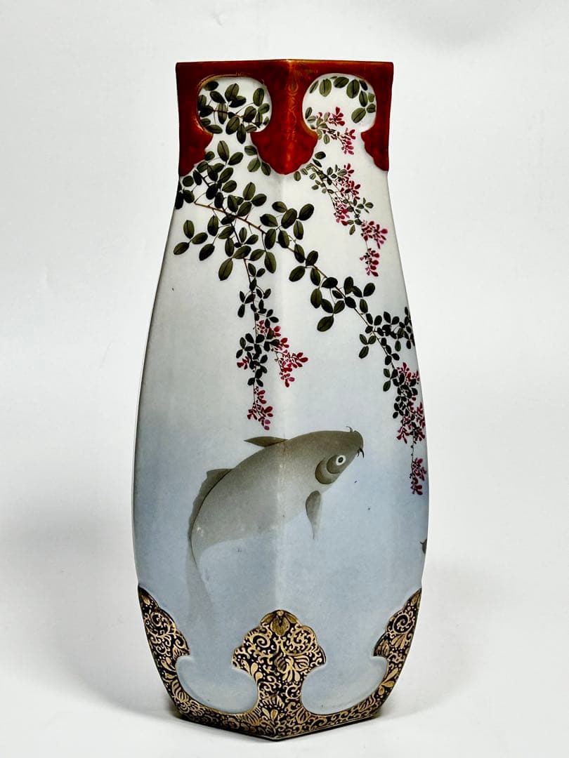 明治 名古屋絵付け 鯉文六角花瓶 松村九助 森村組