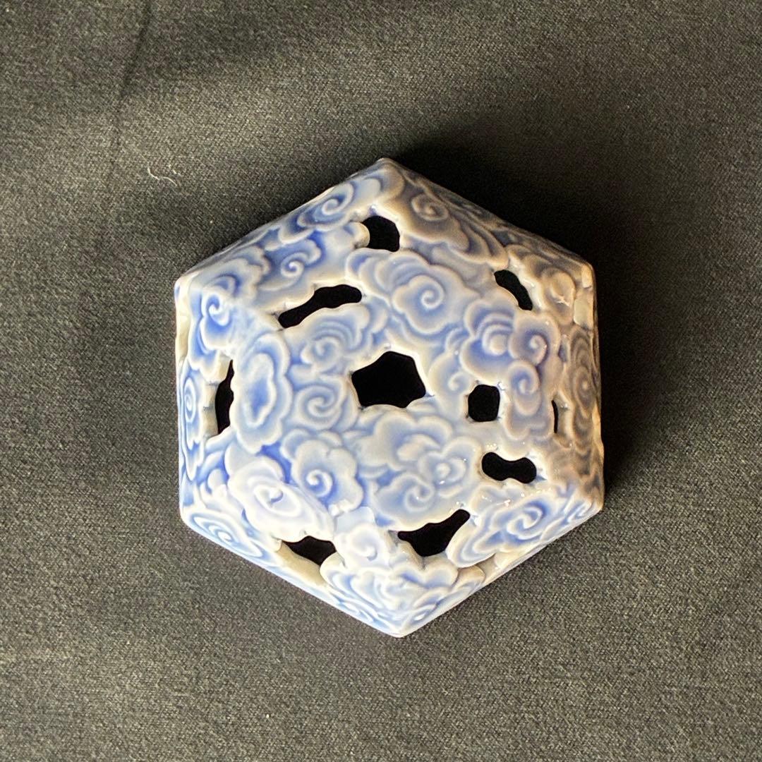 宮内庁御用達　深川製磁　雲地紋染付山水　六角香炉　共箱有　香道　茶道　未使用