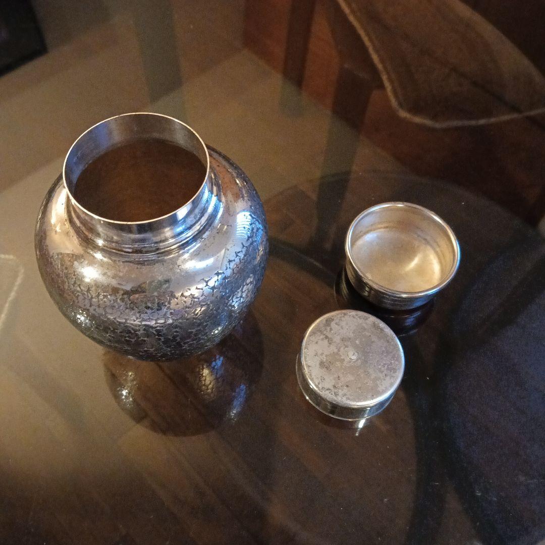 煎茶道具　錫半製　精錫　　茶心壷銀川堂製　いぶし銀茶壺　茶道具　銀製品