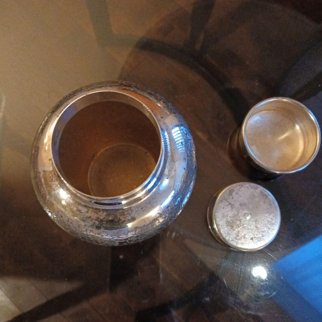 煎茶道具　錫半製　精錫　　茶心壷銀川堂製　いぶし銀茶壺　茶道具　銀製品