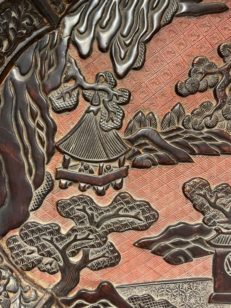 浮世絵風彫刻の漆器皿 アンティーク