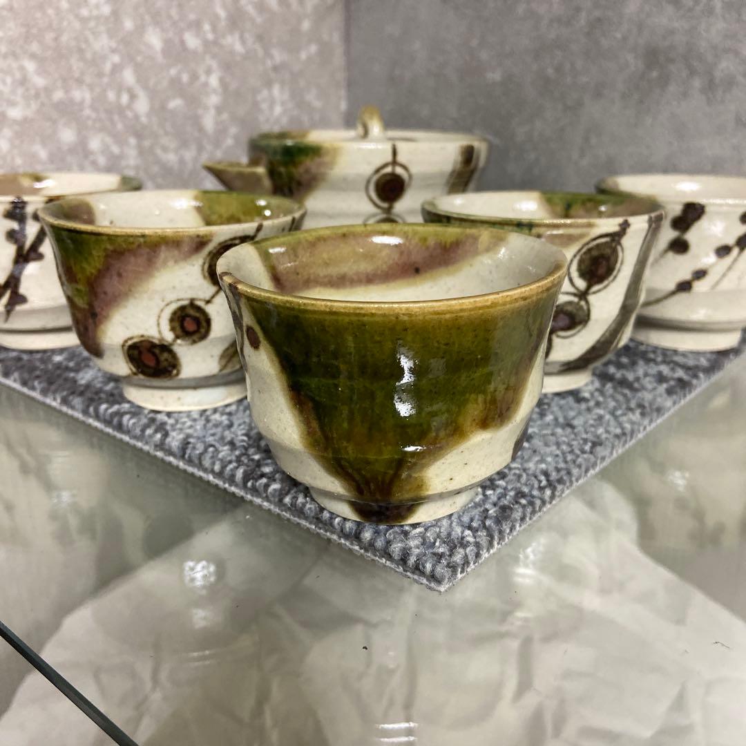 美濃焼　織部　作家物　陶印　茶器セット　煎茶揃い　宝瓶　湯呑