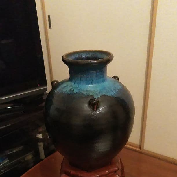 益子焼き　釉美三耳の壺