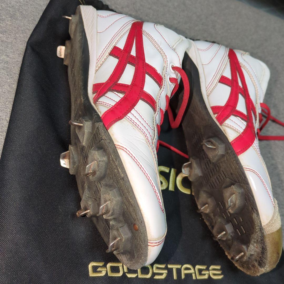 ASICS GOLDSTAGE スパイク ホワイト/レッド超強力Ｐ革付27.5㎝