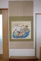 絹本　最高級軸先　宝船　お正月　　二重箱　大きな軸装　縁起の良い　立派な表具