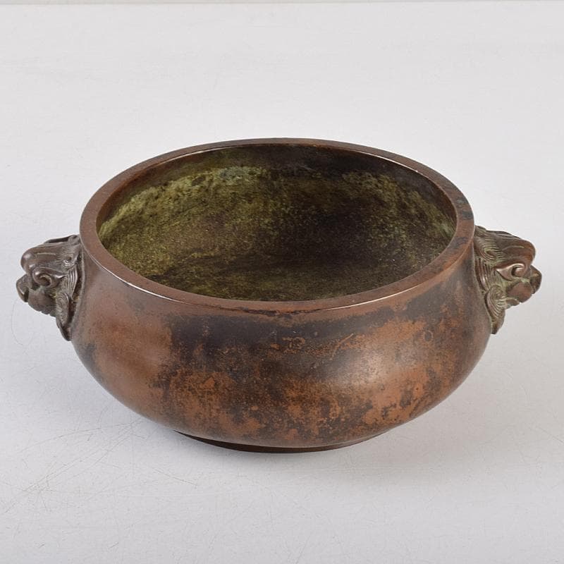 NM　中国　古銅　双獅子耳香炉　在銘　M　R9067