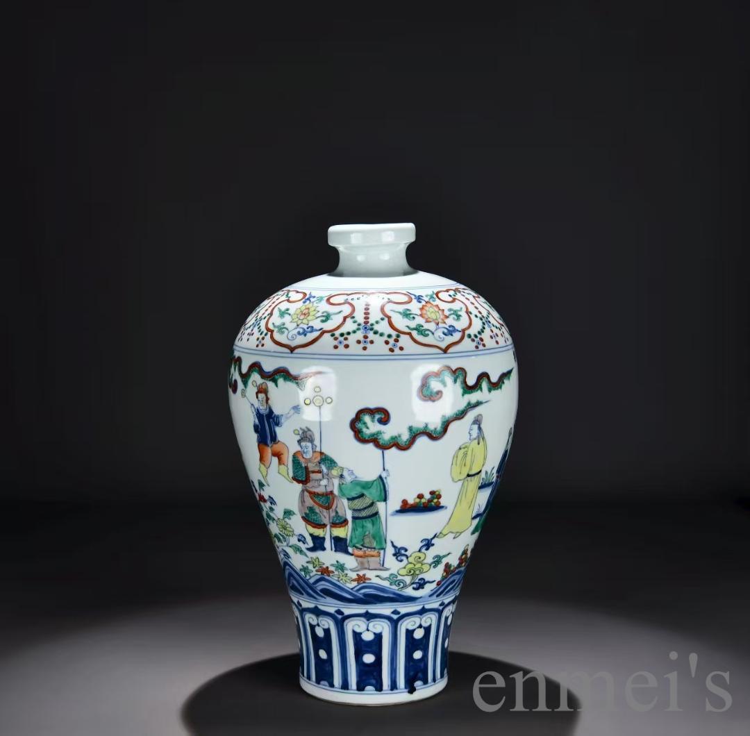 中国古美術・明宣徳・五彩戦将図梅瓶・五彩・唐物・壺・骨董品・時代物・古陶磁・古玩