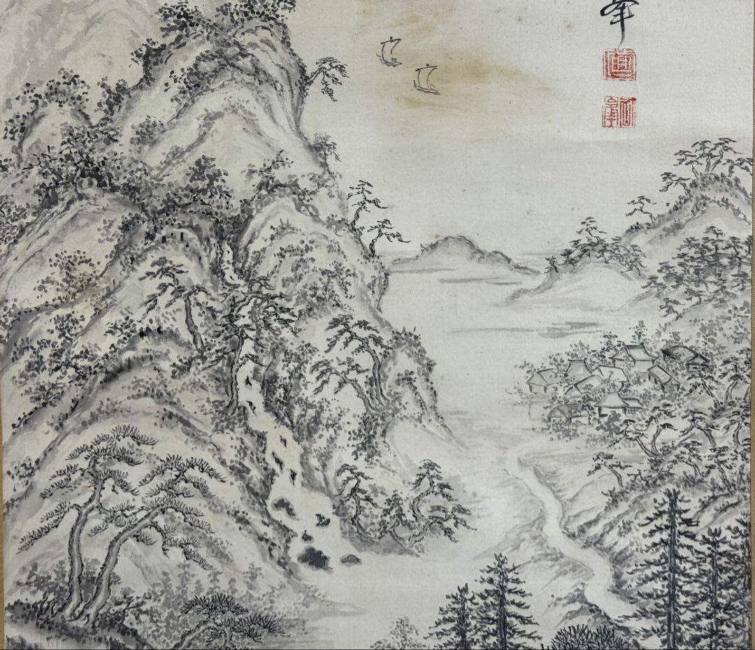 仙峰筆　絹本肉筆　水墨画山水圖　掛軸　送料込み250902