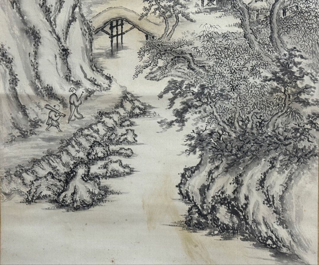 仙峰筆　絹本肉筆　水墨画山水圖　掛軸　送料込み250902