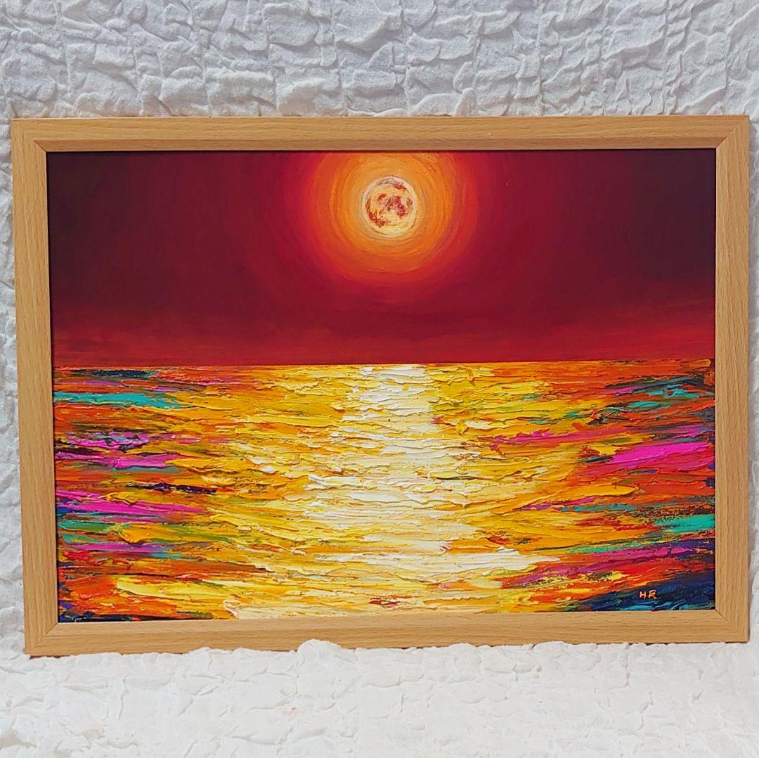 油絵 絵画 オレンジの月【Ａ3】