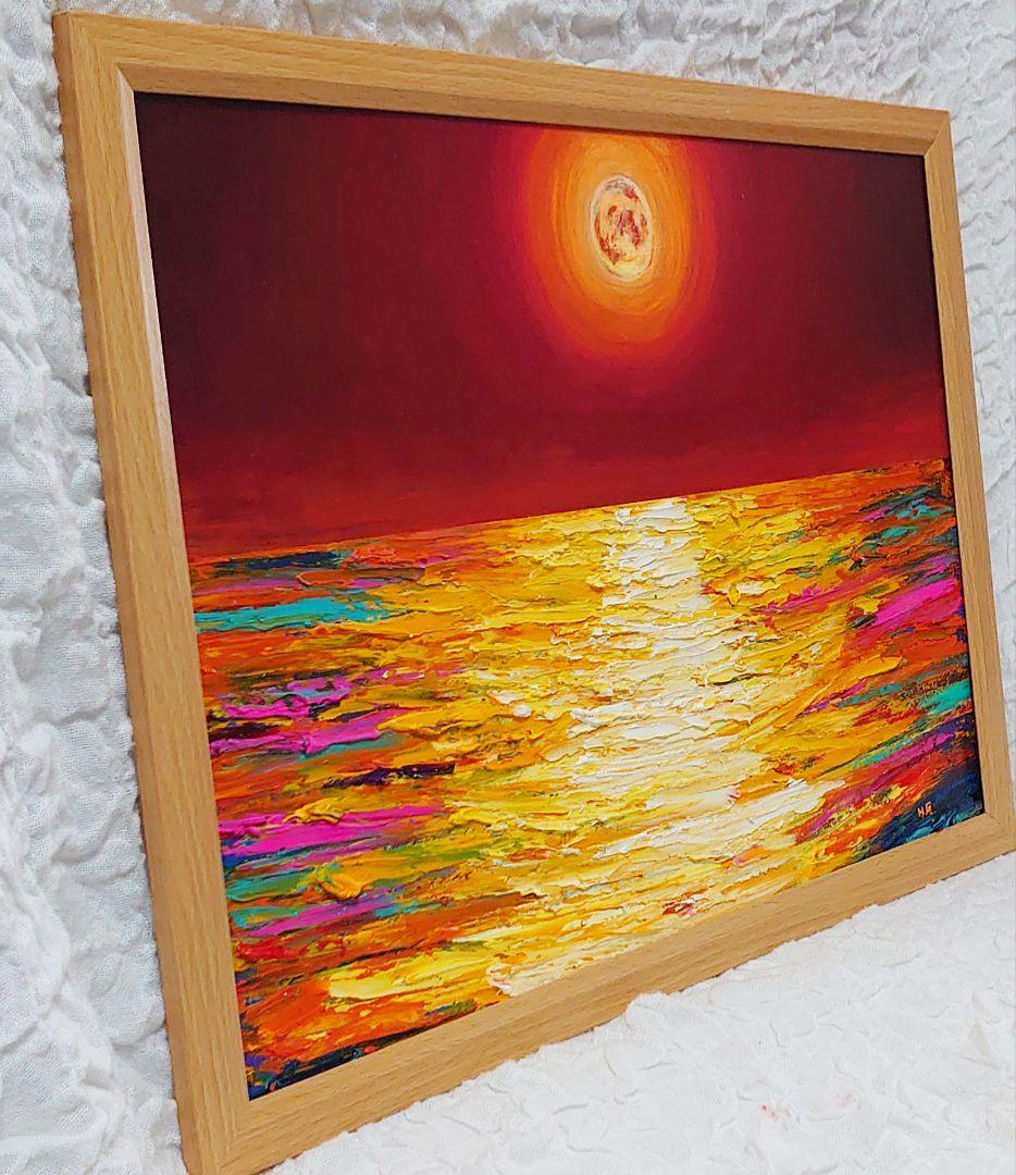 油絵 絵画 オレンジの月【Ａ3】