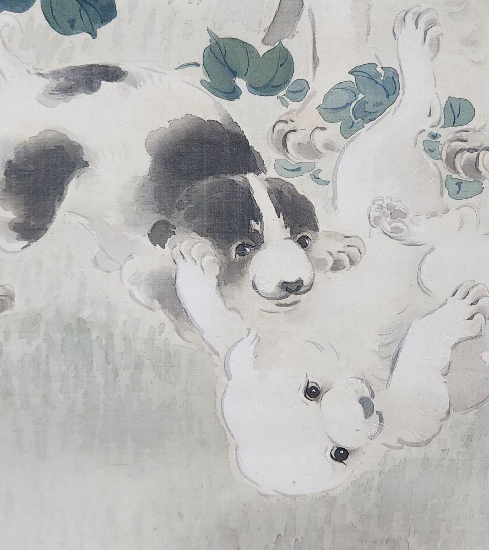 【朝顔に洋犬親子図】秋香 2701 掛け軸 肉筆