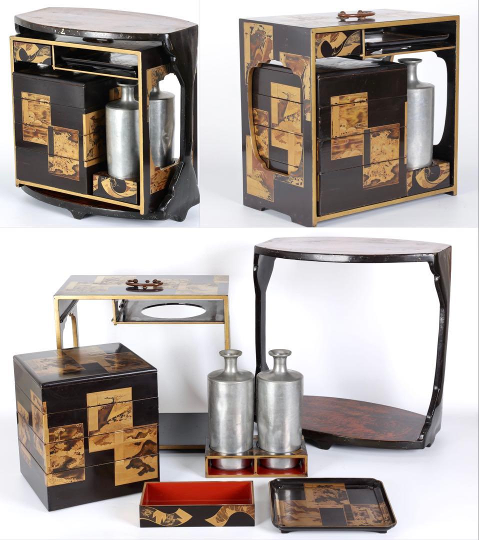 漆塗金蒔絵 野弁当 野点 花見重 重箱 錫製徳利 台付 骨董 古美術漆器 漆