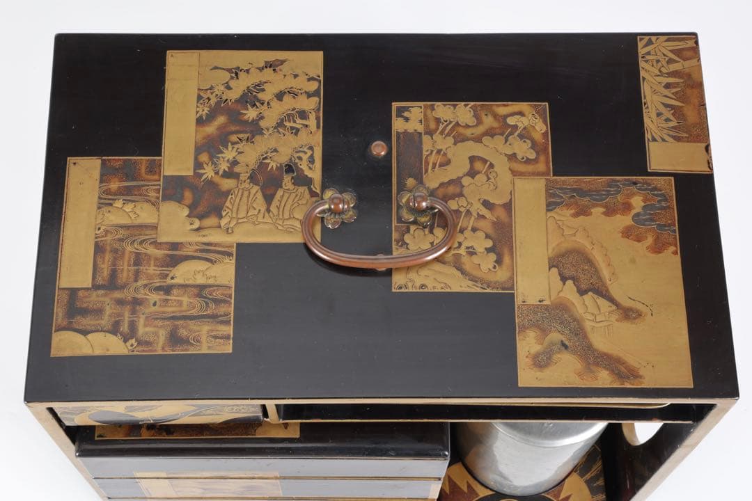 漆塗金蒔絵 野弁当 野点 花見重 重箱 錫製徳利 台付 骨董 古美術漆器 漆