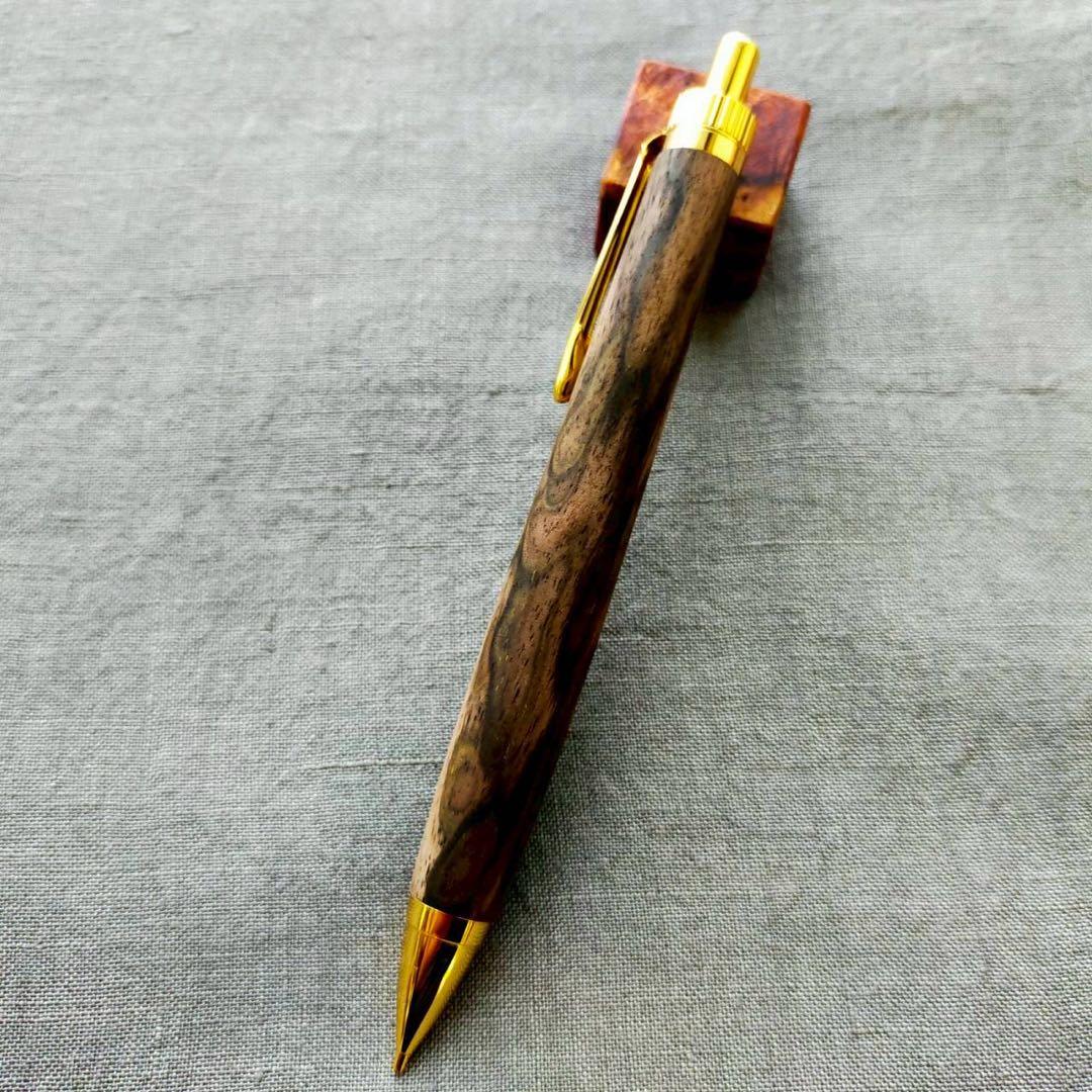 上杢　黒柿孔雀杢　ハンドメイド　木軸シャープペン　0.5mm　天然木　ゴールド