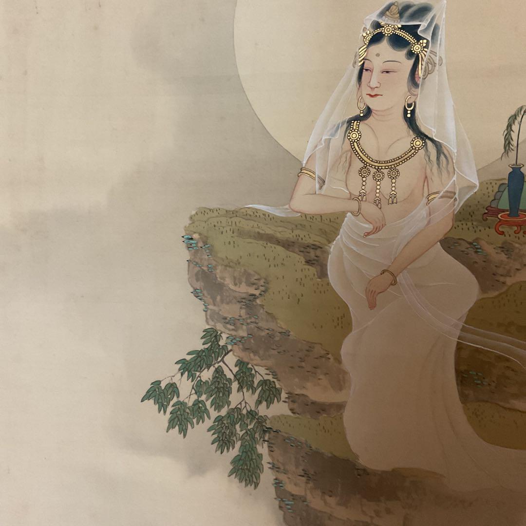 華 泉 筆 絹本彩色画 【 滝 観 世 音 図 】 共箱在