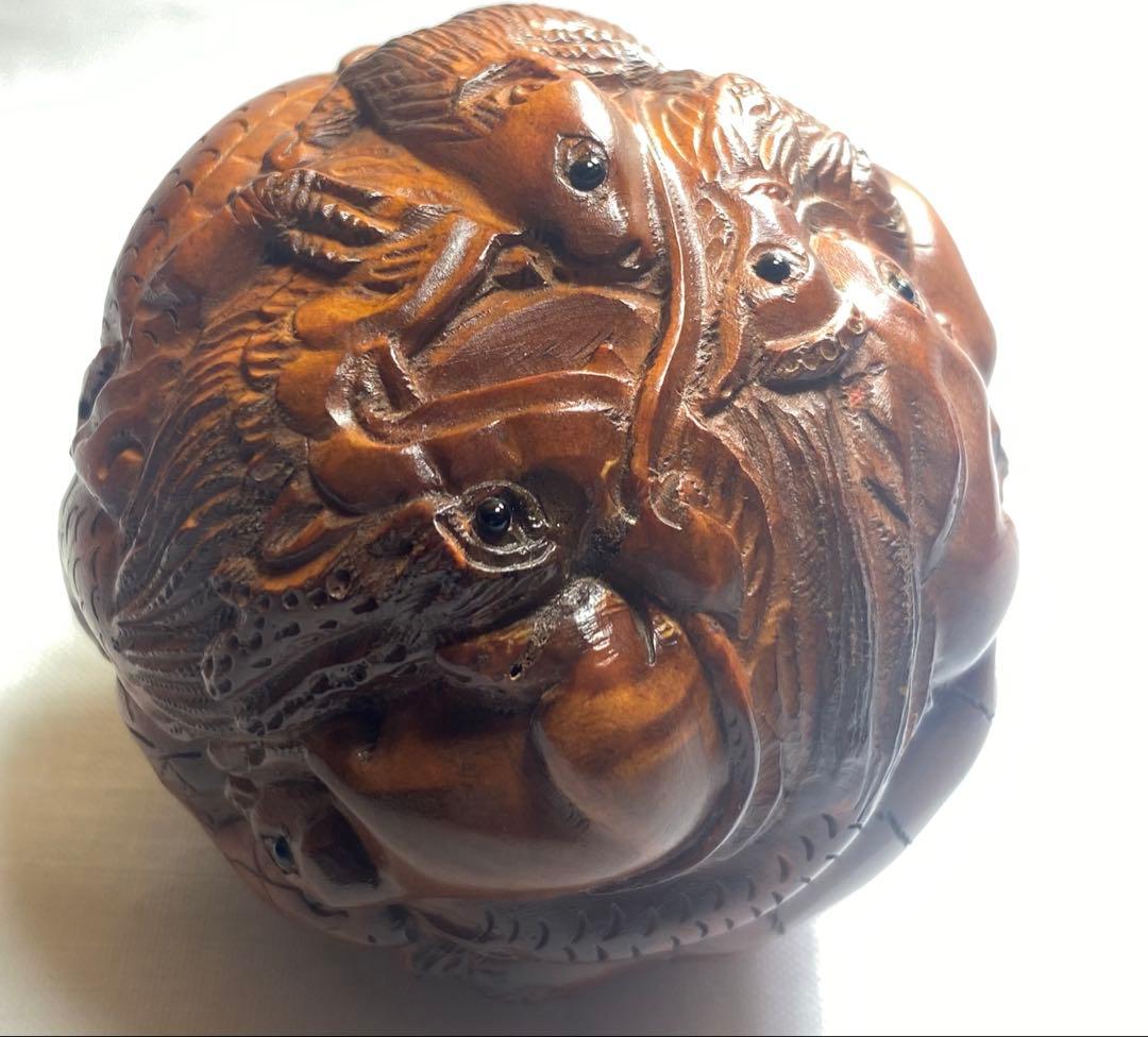 柘植材　大玉十二支置物、縁起物黄楊繊細彫刻　木製