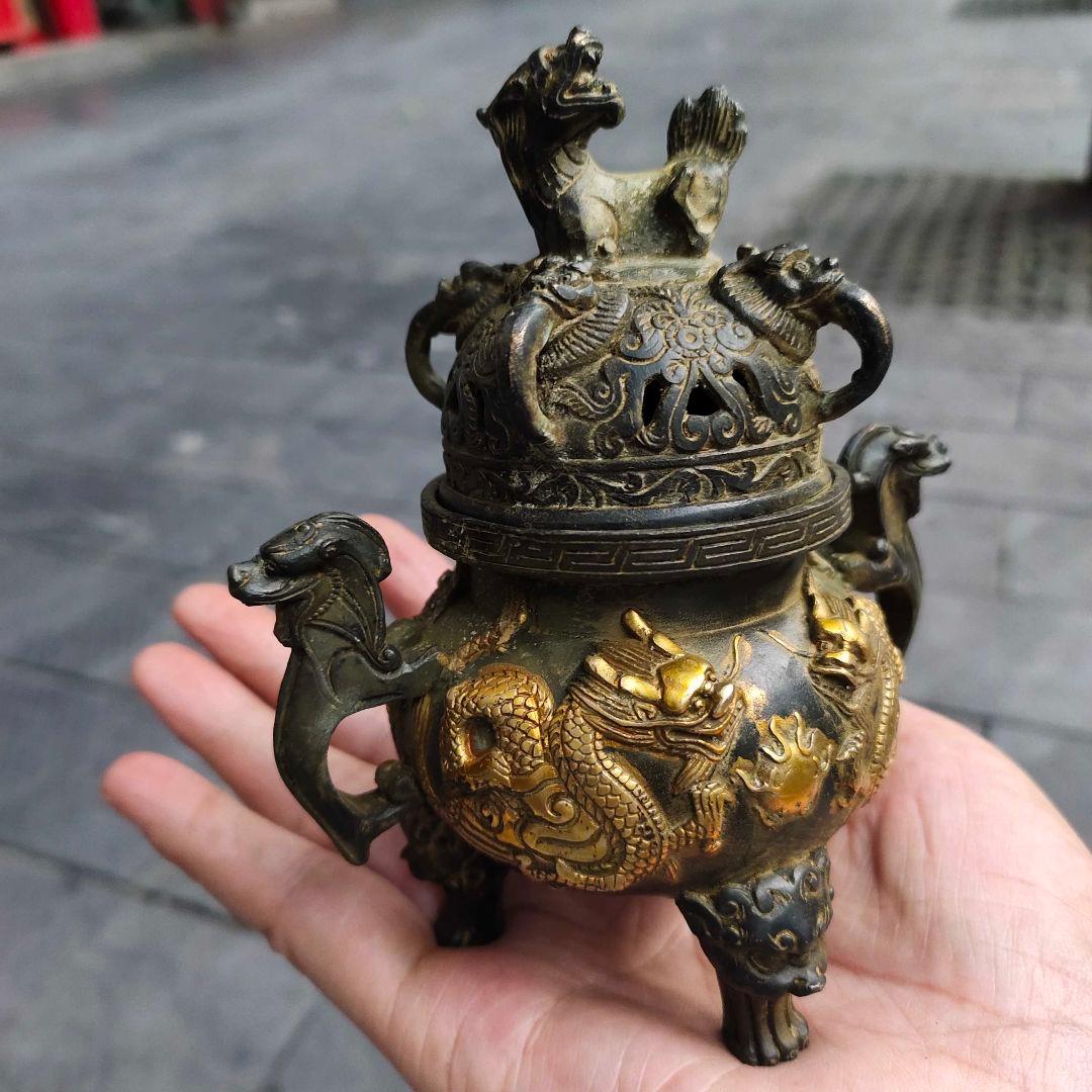 銅 細工 二龍戯珠薫香炉 香道具 仏具 工芸品 美術品 置物