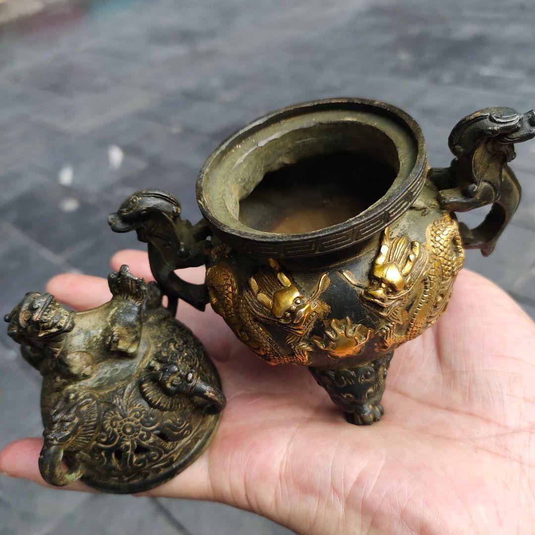 銅 細工 二龍戯珠薫香炉 香道具 仏具 工芸品 美術品 置物