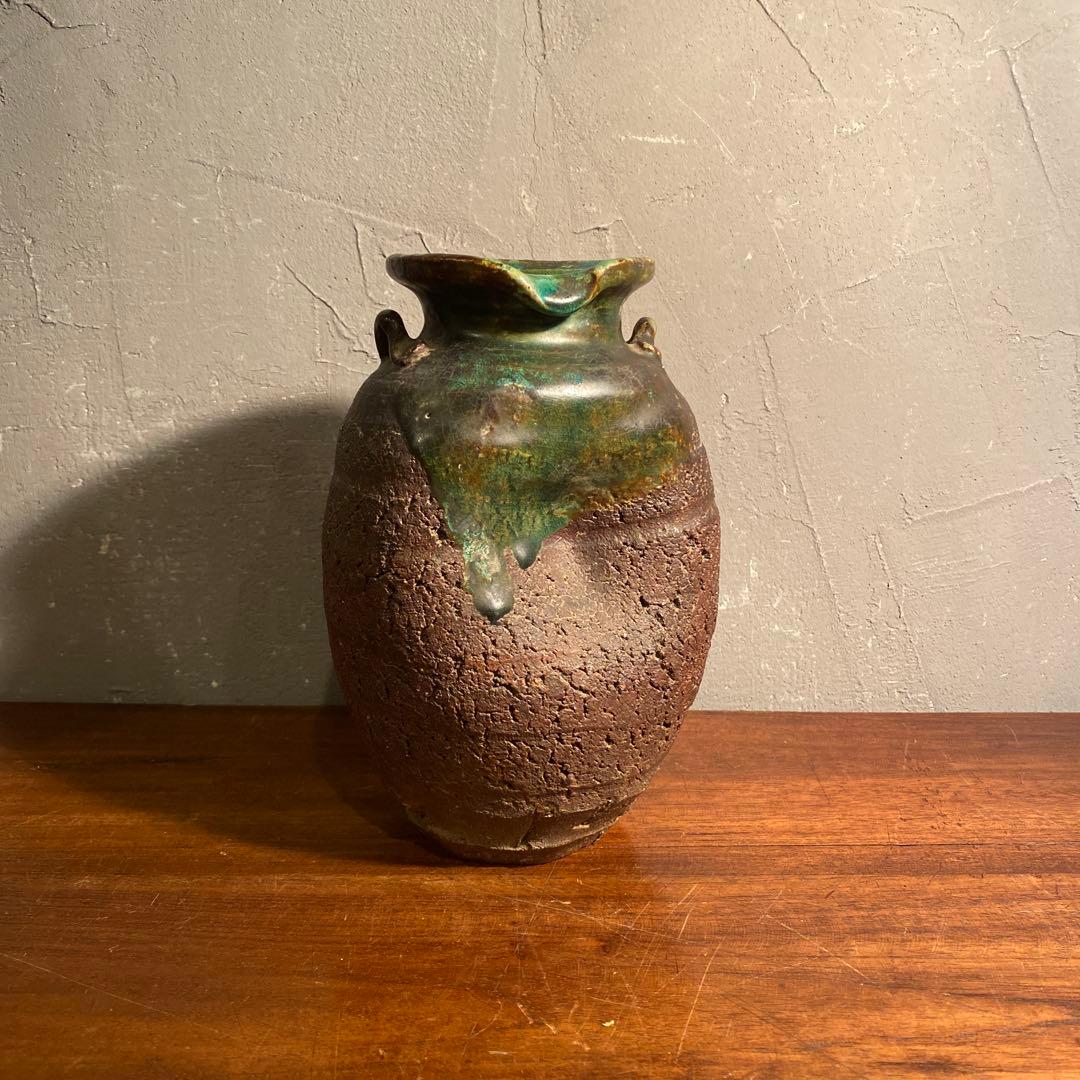 信楽焼 古仙堂 緑釉双耳花入 花瓶 花器 骨董品 時代物 インテリア