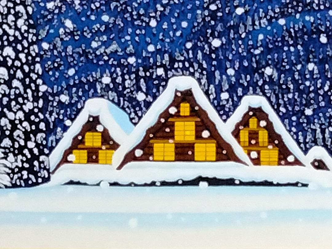 ★雪降る夜の白川郷・肉筆油彩画・F6キャンバス