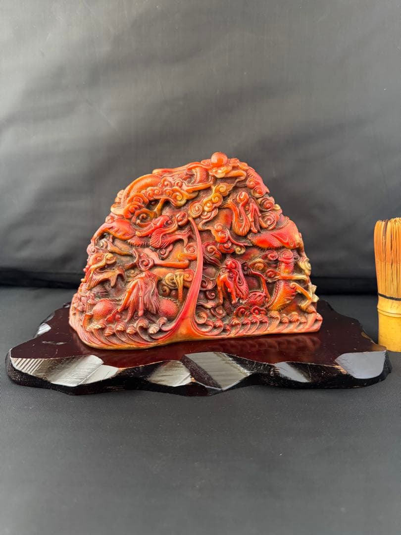 石材彫 龍 彫刻 置物 台座 魔除　風水 開運 金運 骨董 美術 アンティーク