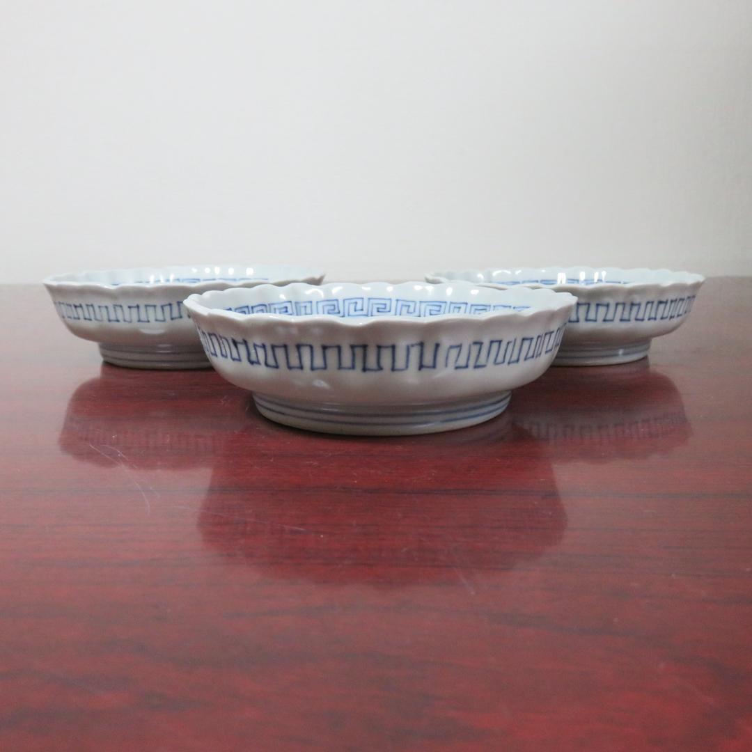 小皿 松竹梅 染付 丸窓 3枚 明治 大正