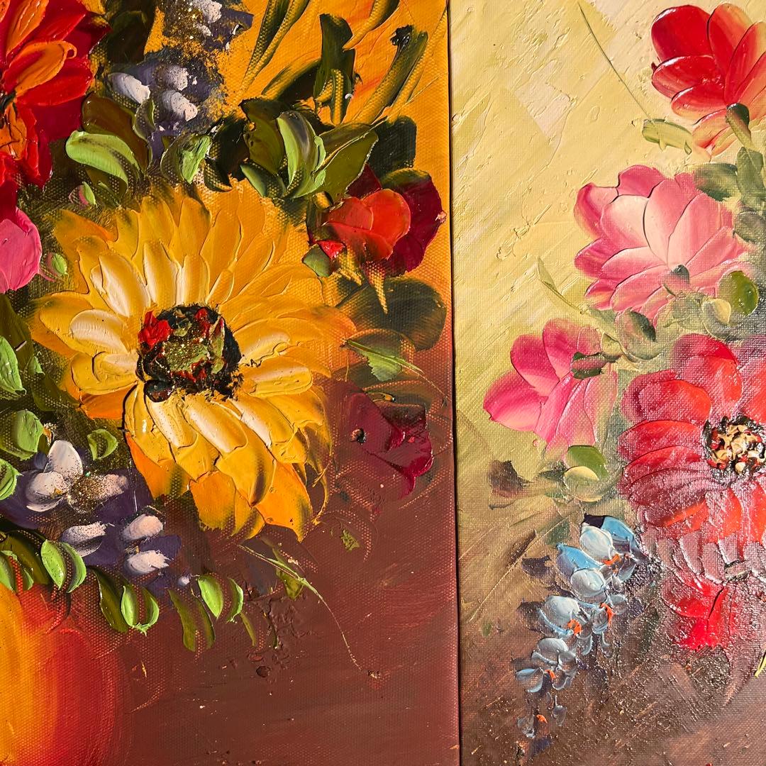 （大）手描き油絵 ３枚組 花瓶の花 額付 額付き 絵画 インテリア 油彩画