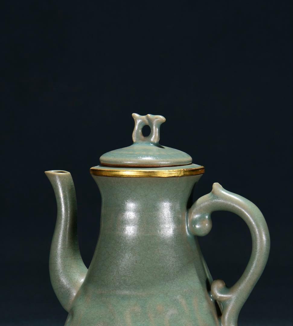 旧蔵　宋・汝窑　天青釉包金口　三足执壶